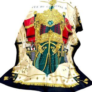 HERMES PARIS VUE DU CAROSSE DE LA GALERE   100%  silk scarf 34"  Ivery Black(34)